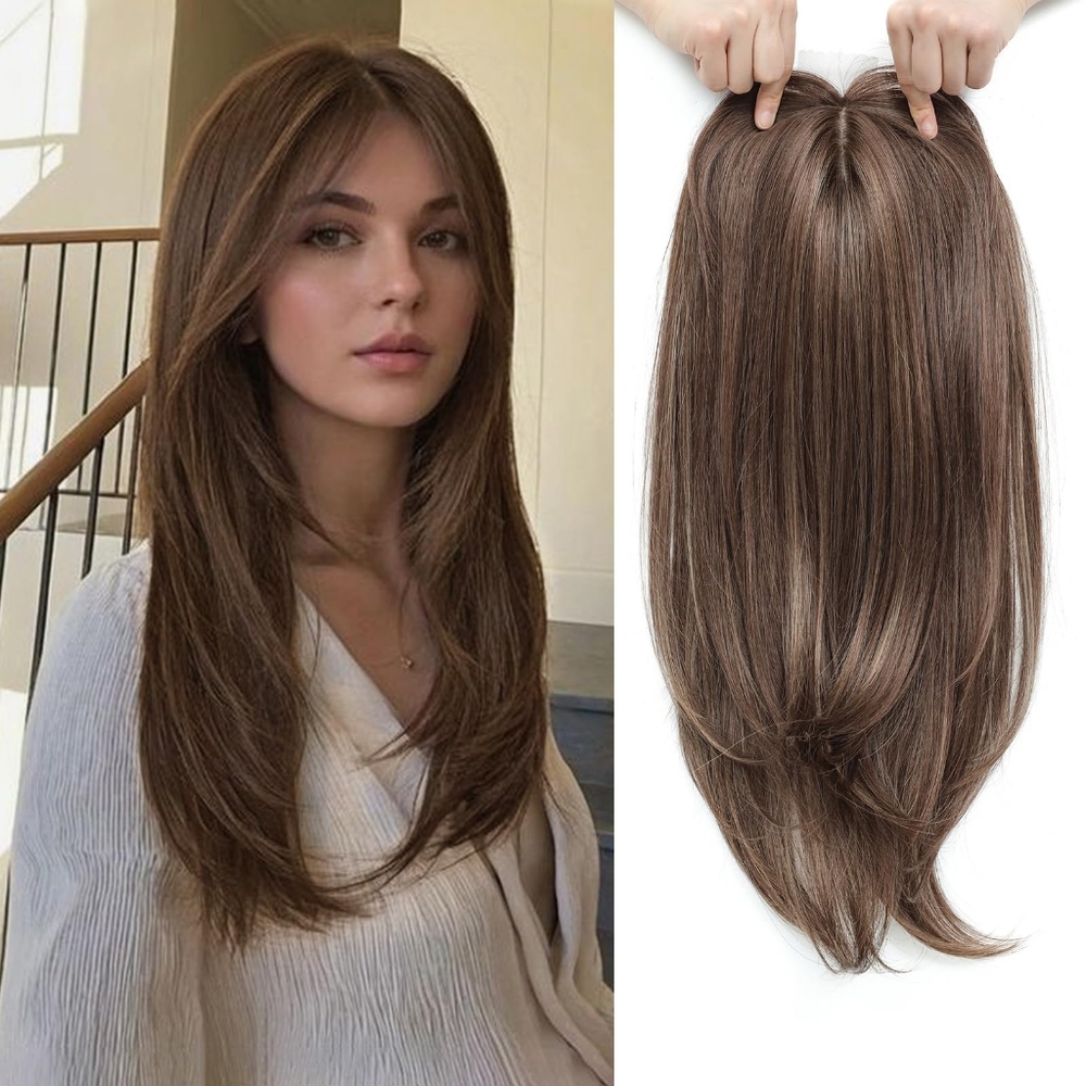 18” Long Layered Hair Topper, Brown with Ash Highlights, Synthetic Volume Piece